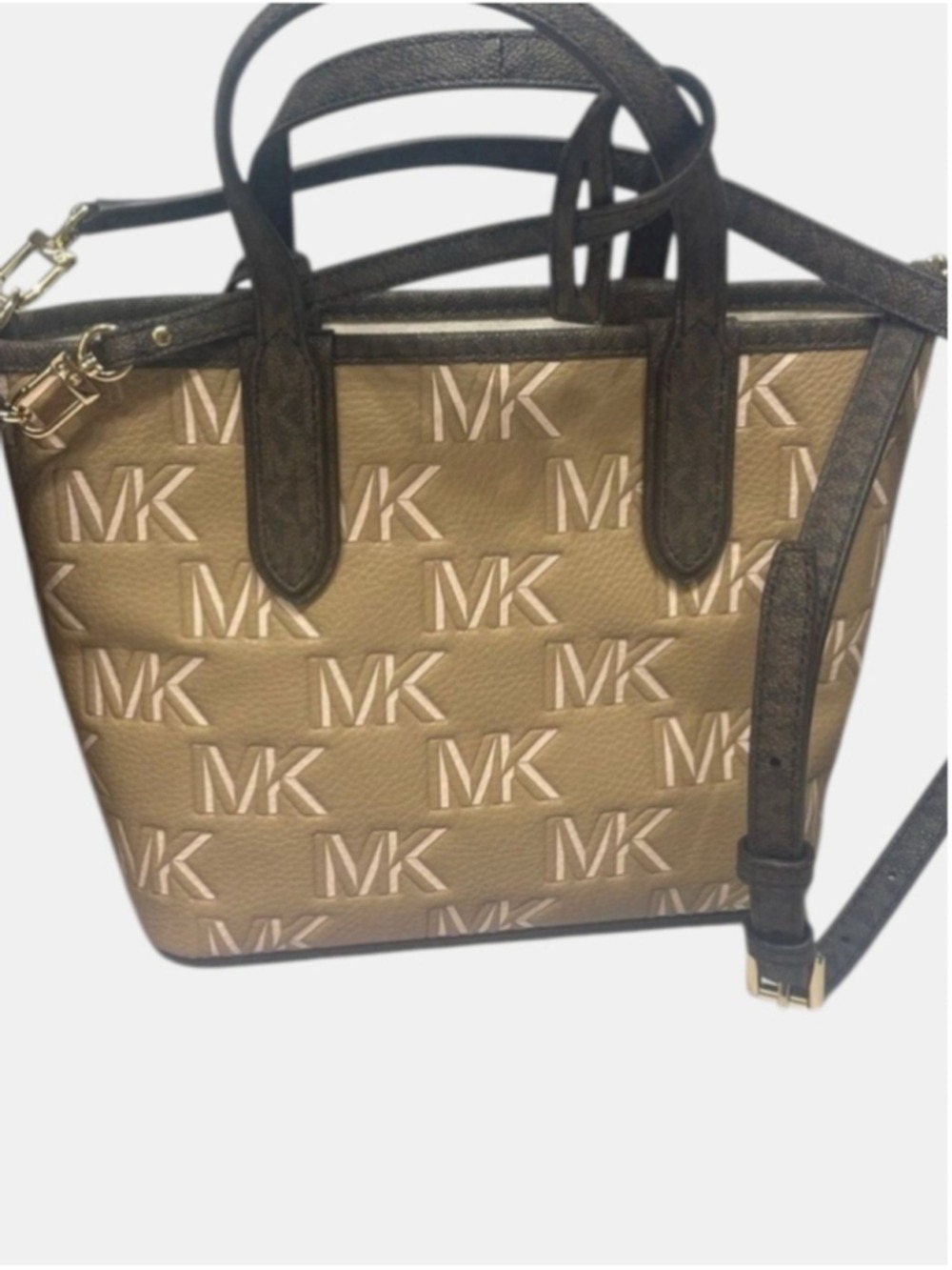 Michael Kors Eliza Small Embossed Tote & Matching Wallet Camel Brown Tan Logo - Picture 4 of 15